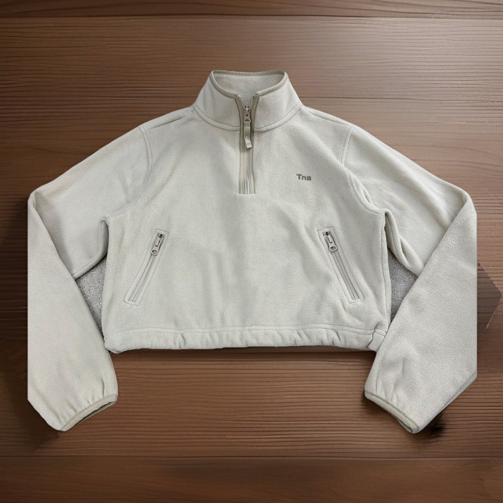 TNA Sweatfleece Cozy Fleece Pullover Women's XS Cream Perfect Fit 1/2 Zip Crop